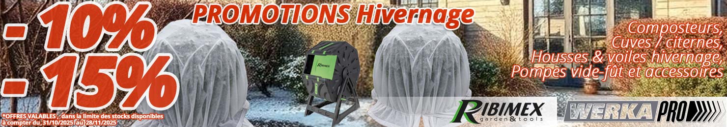 Promotions 10% et 15% de remise, composteurs, pompes vide fût électriques ou manuelles, housses ou voiles pour plantes, accessoires pour gouttières...chez Bricommerce