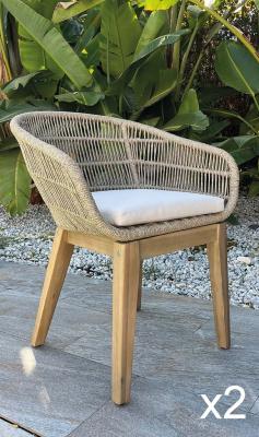 2 Fauteuils à manger Bois et Cordes tressées Finition bois Acacia tissus beige clair