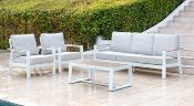 Salon jardin 5 places Sofa 3 places 2 fauteuils table basse 115x65.5x43 blanc tissus gris