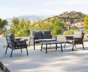 Salon jardin 4 places Sofa 2 places 2 fauteuils structure anthracite tissus gris