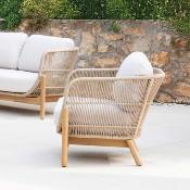 Salon jardin 4/5 places Sofa 2 places 2 fauteuils table 85cm tressées bois Acacia beige clair