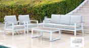 Salon jardin 4 places Sofa 2 places 2 fauteuils table basse 115x65.5x43 blanc tissus gris