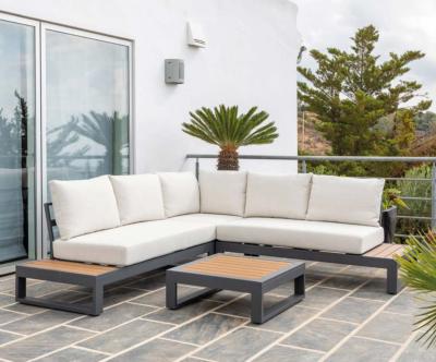 Salon jardin Sofa d'angle 4/5 places table basse 73cm anthracite tissus blanc cassé