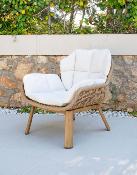 Fauteuil Butaca Imitation BOIS et rotin tissus beige coussin