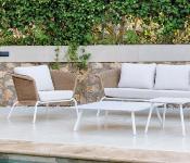 Salon jardin 5 places Sofa 3 places 2 fauteuils 2 tables 60 et 100 blanc tissus beige clair