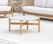 Salon jardin 4/5 places Sofa 2 places 2 fauteuils table 85cm tressées bois Acacia beige clair