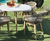 Salon jardin à manger table ronde 120cm 4 fauteuils Cordes tressées bois Acacia beige clair