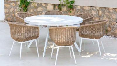 Salon jardin à manger 1 table ronde 150cm 6 fauteuils blanc tissus beige clair