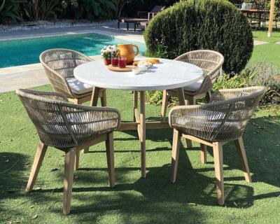 Salon jardin à manger table ronde 120cm 4 fauteuils Cordes tressées bois Acacia beige clair