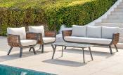 Salon jardin 5 places Sofa 3 places 2 fauteuils table basse 120cm blanc tissus beige clair