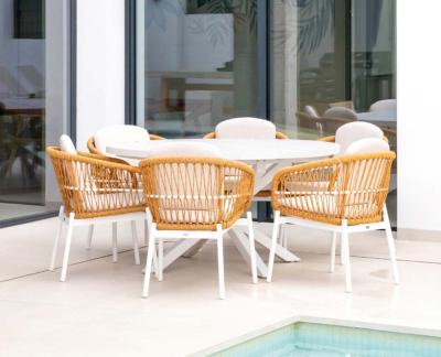 Salon jardin à manger 1 table ronde extensible 145/200 6 fauteuils blanc tissus beige clair