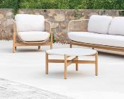 Salon jardin 4/5 places Sofa 2 places 2 fauteuils table 85cm tressées bois Acacia beige clair