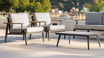 Salon jardin 5 places Sofa 3 places 2 fauteuils table 110x60x37 anthracite tissus gris