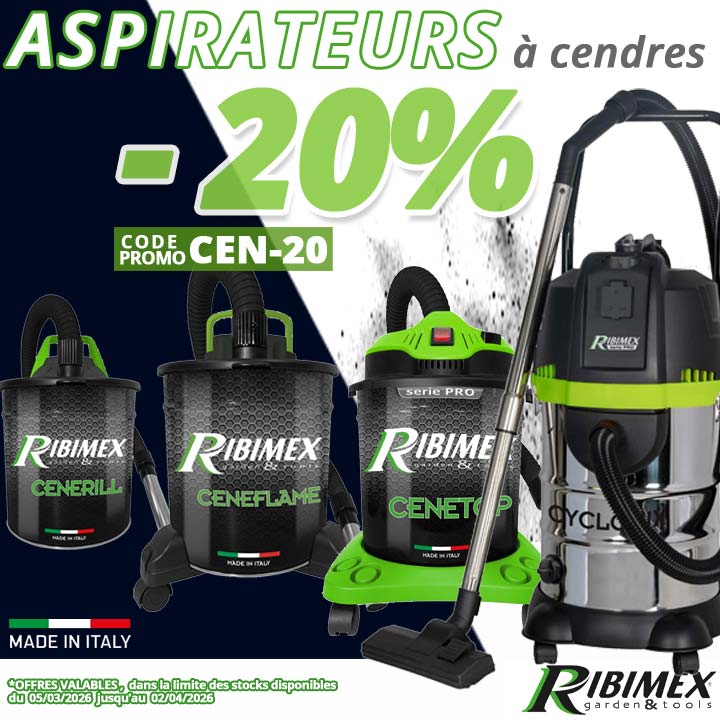 20% de remise sur nos aspirateurs à cendres fabrication italienne Ribimex avec le code promotionnel CEN-20 jusqu'au 2 avril 2026, pour entretenir, poêles, cheminées, inserts, barbecue, chez Bricommerce