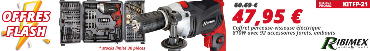21% de remise avec le code KITFP-21 coffret perceuse-visseuse électrique filaire 810W avec 92 pièces d'accessoires forets, embouts... quantité limitée chez Bricommerce