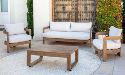 Salon jardin 5 places Sofa 3 places 2 fauteuils table 110x60x41 imit BOIS tissus beige clair