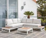 Salon jardin Sofa d'angle 4/5 places table basse 73cm blanc tissus blanc cassé