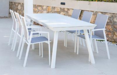 Salon jardin à manger 1 table rectangulaire extensible 200-300cm 6 fauteuils blanc tissus gris