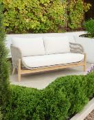 Salon jardin 4/5 places Sofa 2 places 2 fauteuils table 85cm tressées bois Acacia beige clair