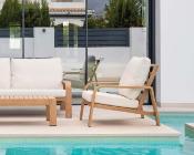 Salon jardin 5 places Sofa 3 places 2 fauteuil table 122.5x60x36 façon bois tissus beige clair