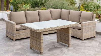 Salon jardin Sofa d'angle 6/7 places table 150x90x73 2 repose pieds poufs Naturelle marron