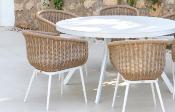 Salon jardin à manger 1 table ronde 150cm 6 fauteuils blanc tissus beige clair