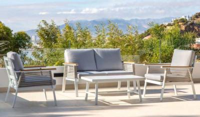 Salon jardin 4 places Sofa 2 places 2 fauteuils structure blanche tissus gris