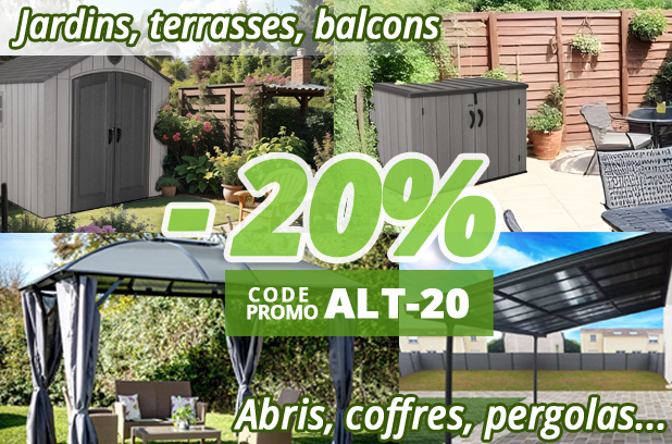 20% de remise sur les abris de jardins et coffres résine, les pergolas aluminium/acier et les volières bois chez Bricommerce