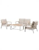 Salon jardin 4 places Sofa 2 places 2 fauteuils table basse 115x65.5x43 blanc tissus gris