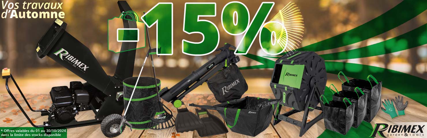 15% de remise sur votre matériel de jardinage d'automne, broyeur de végétaux, aspirateur souffleur broyeur, râteaux, balai à feuilles, sacs à déchets, gants de protection, composteur... chez Bricommerce