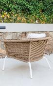 Salon jardin 5 places Sofa 3 places 2 fauteuils 2 tables 60 et 100 blanc tissus beige clair