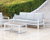 Salon jardin 5 places Sofa 3 places 2 fauteuils table basse 115x65.5x43 blanc tissus gris