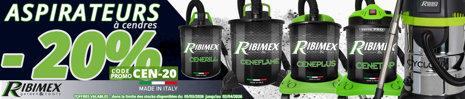 20% de remise sur nos aspirateurs à cendres fabrication italienne Ribimex avec le code promotionnel CEN-20 jusqu'au 2 avril 2026, pour entretenir, poêles, cheminées, inserts, barbecue, chez Bricommerce