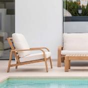 Salon jardin 5 places Sofa 3 places 2 fauteuil table 122.5x60x36 façon bois tissus beige clair