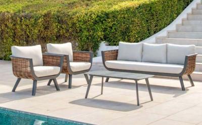 Salon jardin 5 places Sofa 3 places 2 fauteuils table 120cm anthracite beige clair