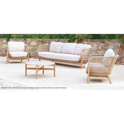 Salon jardin 4/5 places Sofa 2 places 2 fauteuils table 85cm tressées bois Acacia beige clair