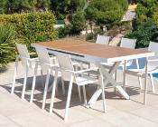 Salon jardin à manger 1 table extensible 180-200cm 6 fauteuils blanc et imitation bois