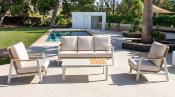 Salon jardin 5 places Sofa 3 places 2 fauteuils table basse 120cm blanc tissus beige clair