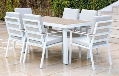 Salon jardin à manger 1 table rectangulaire 157.7cm 6 fauteuils blanc tissus beige