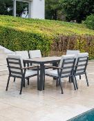 Salon jardin à manger 1 table rectangulaire 157.5cm 6 fauteuils anthracite tissus beige