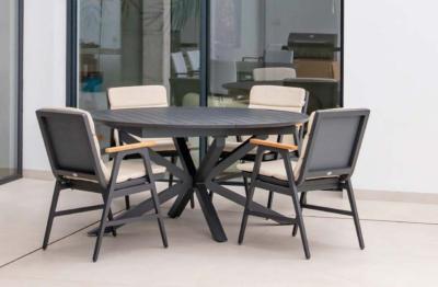 Salon jardin à manger 1 table ronde 6 fauteuils structure anthracite tissus beige clair