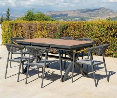 Salon jardin à manger 1 table extensible 180-200cm 6 fauteuils anthracite bois tissus gris