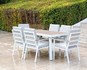 Salon jardin à manger 1 table rectangulaire 157.7cm 6 fauteuils blanc tissus beige