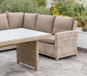 Salon jardin Sofa d'angle 6/7 places table 150x90x73 2 repose pieds poufs Naturelle marron