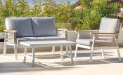 Salon jardin 4 places Sofa 2 places 2 fauteuils structure blanche tissus gris