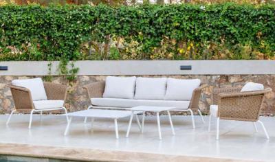 Salon jardin 5 places Sofa 3 places 2 fauteuils 2 tables 60 et 100 blanc tissus beige clair