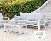 Salon jardin 4 places Sofa 2 places 2 fauteuils table basse 115x65.5x43 blanc tissus gris