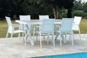 Salon jardin à manger 1 table rectangulaire 180cm 6 fauteuils, blanc imitation Bois