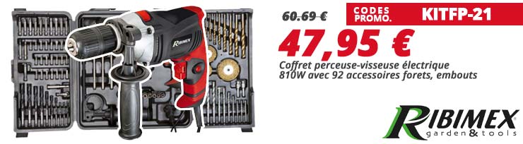 21% de remise avec le code KITFP-21 coffret perceuse-visseuse électrique filaire 810W avec 92 pièces d'accessoires forets, embouts... quantité limitée chez Bricommerce