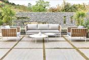 Salon jardin 5 places Sofa 3 places 2 fauteuils 2 tables basses 60 et 99 blanc tissus gris clair